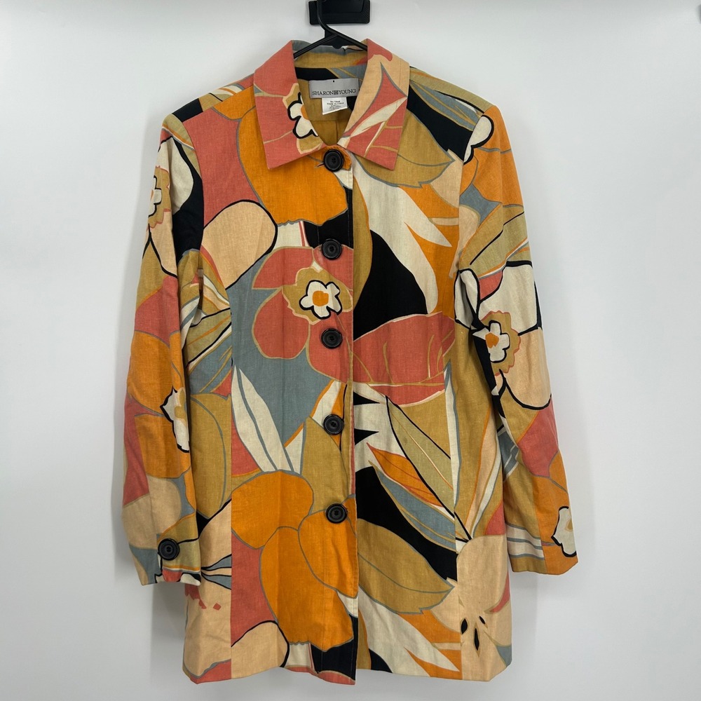 Sharon Young Womens Floral Linen Blend Button Front Blazer Jacket Orange Size 10